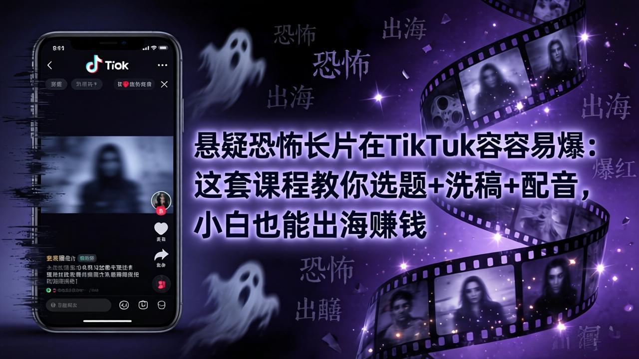 悬疑恐怖长片在TikTok最容易爆：这套课程教你选题+洗稿+配音，小白也能出海赚钱-百川聊项目