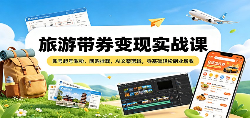 旅游带券变现实战课：账号起号涨粉，团购挂载，AI文案剪辑，零基础轻松副业增收-百川聊项目