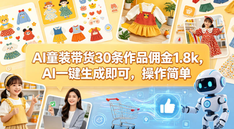 AI童装带货30条作品佣金1.8k，AI一键生成即可，操作简单-百川聊项目