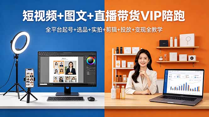 短视频+图文+直播带货VIP陪跑，全平台起号+选品+实拍+剪辑+投放+变现全教学-百川聊项目
