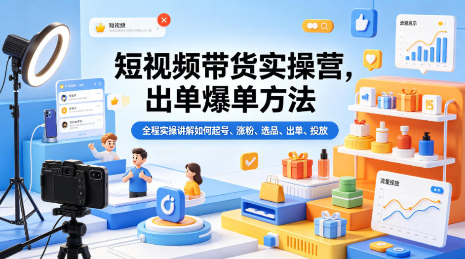 短视频带货实操营，出单爆单方法，全程实操讲解如何起号、涨粉、选品、出单、投放-百川聊项目