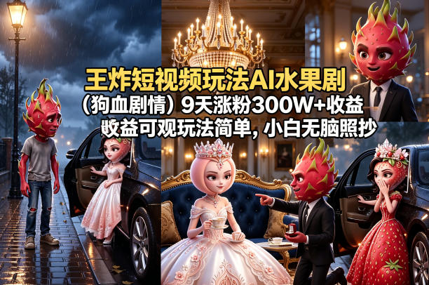 王炸短视频玩法AI水果剧(狗血剧情)9天涨粉300W+收益可观玩法简单，小白无脑照抄，详细拆解玩法-百川聊项目