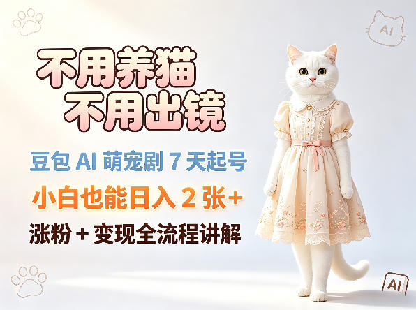 不用养猫不用出镜，豆包AI萌宠剧7天起号，小白也能日入2张+，涨粉+变现全流程讲解-百川聊项目