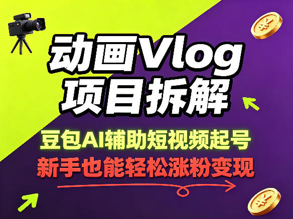 动画Vlog项目拆解，豆包AI辅助短视频起号，新手也能轻松涨粉，43条作品涨粉8.3W-百川聊项目