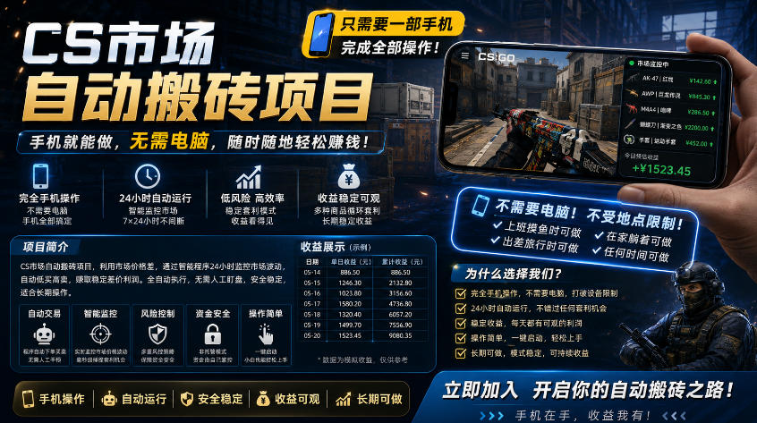 手机即可操作的CS市场自动搬砖系统｜自动监控｜自动下单|日入300+【揭秘】-百川聊项目
