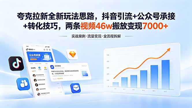 夸克拉新全新玩法思路，抖音引流+公众号承接+转化技巧，两条视频46w搬放 变现7000+-百川聊项目