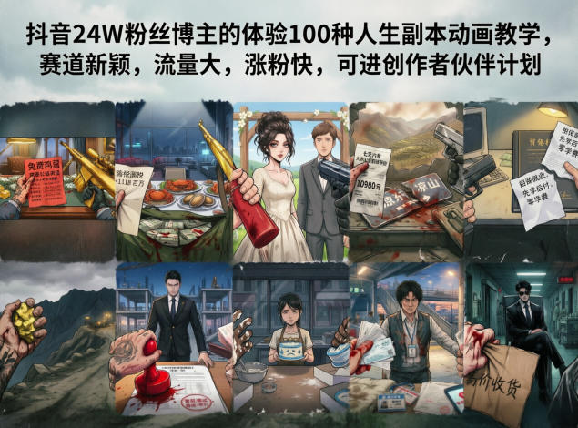 抖音24W粉丝博主的体验100种人生副本动画教学，赛道新颖，流量大，涨粉快，可进创作者伙伴计划-百川聊项目