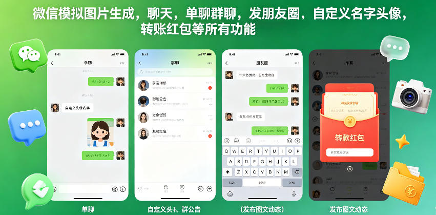 微信模拟图片生成，聊天，单聊群聊，发朋友圈，自定义名字头像，转账红包等所有功能都可以生成-百川聊项目