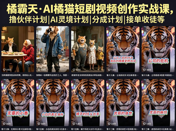 橘霸天·AI橘猫短剧视频创作实战课，撸伙伴计划|AI灵境计划|分成计划|接单收徒等-百川聊项目