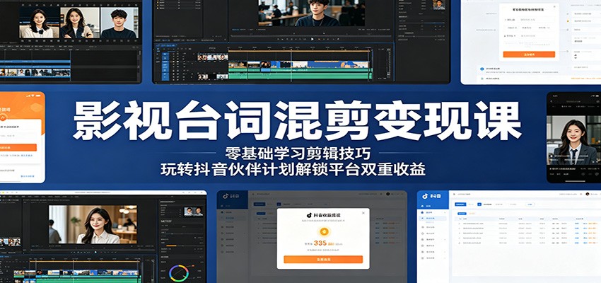 影视台词混剪变现课：零基础学习剪辑技巧，玩转抖音伙伴计划解锁平台双重收益-百川聊项目