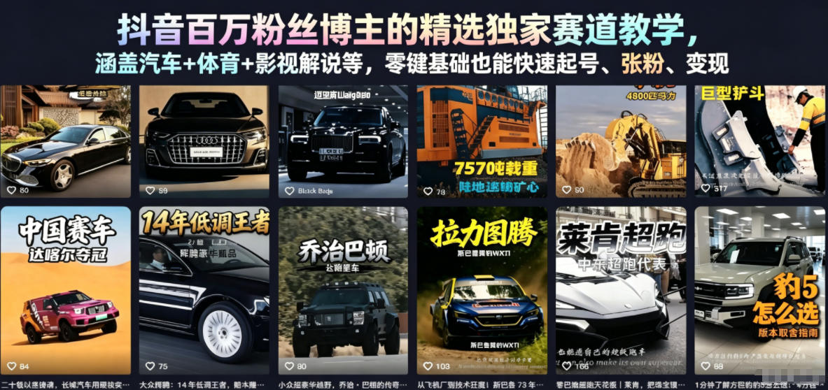 抖音百万粉丝博主的精选独家赛道教学,涵盖汽车+体育+影视解说等,零基础也能快速起号、涨粉、变现-百川聊项目