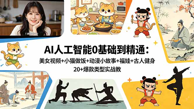 AI人工智能0基础到精通：美女视频+小猫做饭+动漫小故事+福娃+古人健身，20+爆款类型实战教学-百川聊项目