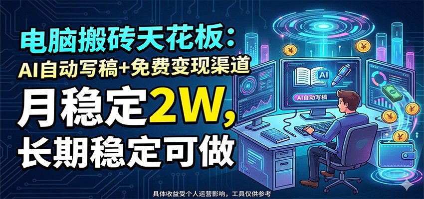 电脑搬砖天花板：AI自动写稿+免费变现渠道，月稳定2W，长期稳定可做-百川聊项目