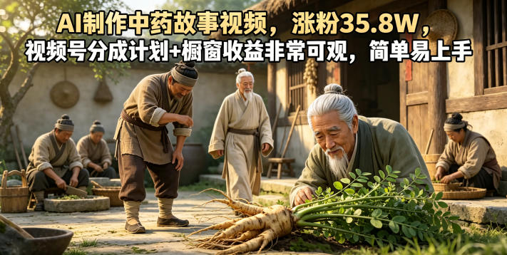 AI制作中药故事视频，涨粉35.8W，视频号分成计划+橱窗收益非常可观，简单易上手-百川聊项目