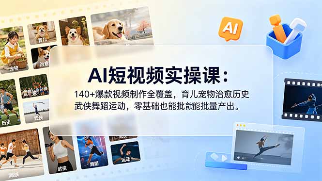 AI短视频实操课：140+爆款视频制作全覆盖，育儿宠物治愈历史武侠舞蹈运动，零基础也能批量产出-百川聊项目