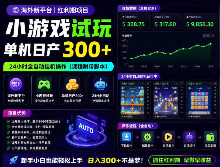 海外新平台，小游戏试玩，单机日产300+，24小时全自动挂G操作(课程附带脚本)【揭秘】-百川聊项目