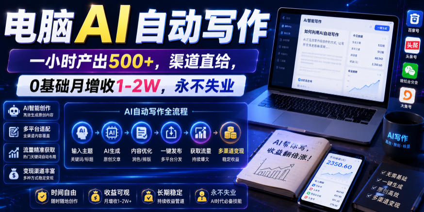 电脑AI自动写作，一小时产出500+，渠道直给，0基础月增收1-2W，永不失业【揭秘】-百川聊项目