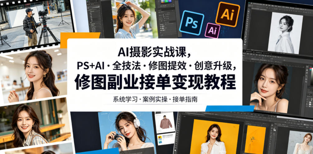 AI摄影实战课，PS+AI・全技法・修图提效・创意升级，修图副业接单变现教程-百川聊项目