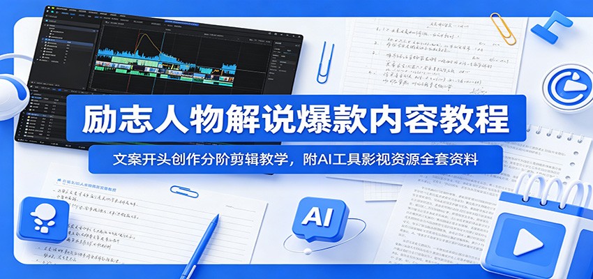 励志人物解说爆款内容教程：文案开头创作分阶剪辑教学，附AI 工具影视资源全套资料-百川聊项目