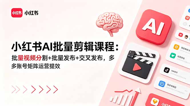 小红书AI批量剪辑课程：批量视频分割+批量发布+交叉发布，多账号矩阵运营提效-百川聊项目