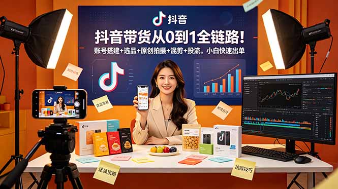 抖音带货从0到1全链路！账号搭建+选品+原创拍摄+混剪+投流，小白快速出单-百川聊项目