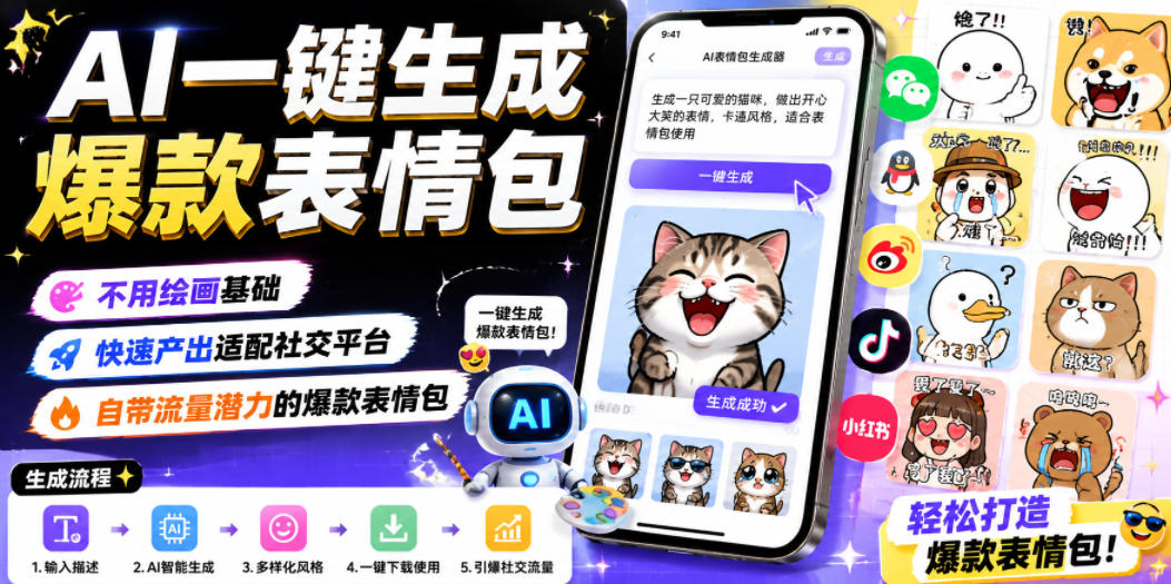 AI一键生成爆款表情包,不用绘画基础,快速产出适配社交平台,自带流量潜力的爆款表情包-百川聊项目
