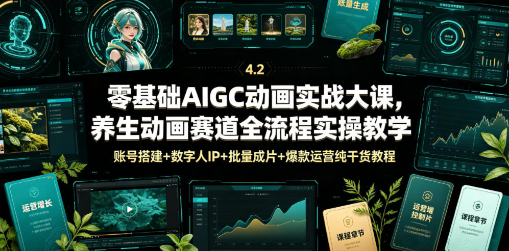 零基础AIGC动画实战大课，养生动画赛道全流程实操教学，账号搭建+数字人IP+批量成片+爆款运营纯干货教程-百川聊项目