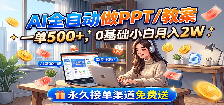 AI全自动做PPT/教案，一单500+，0基础小白月入2W，永久接单渠道免费送-百川聊项目