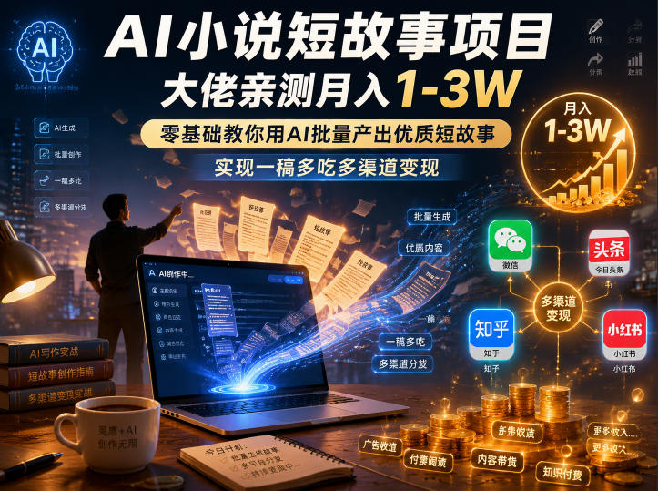 AI小说短故事项目，大佬亲测月入1-3W，零基础教你用AI批量产出优质短故事，实现一稿多吃多渠道变现(更新0624)-百川聊项目