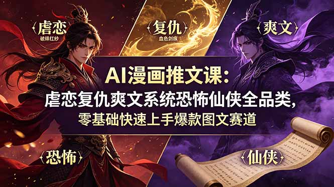 AI漫画推文课：虐恋复仇爽文系统恐怖仙侠全品类，零基础快速上手爆款图文赛道-百川聊项目