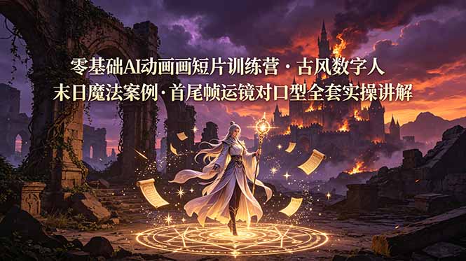 零基础AI动画短片训练营，古风数字人末日魔法案例，首尾帧运镜对口型全套实操讲解-百川聊项目