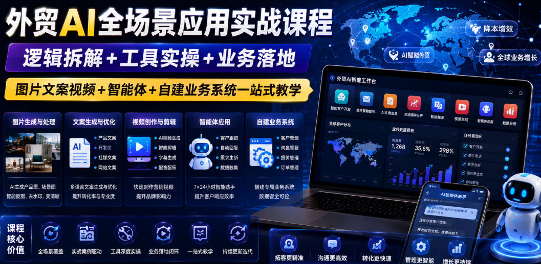 外贸AI全场景应用实战课程｜逻辑拆解+工具实操+业务落地，图片文案视频+智能体+自建业务系统一站式教学-百川聊项目