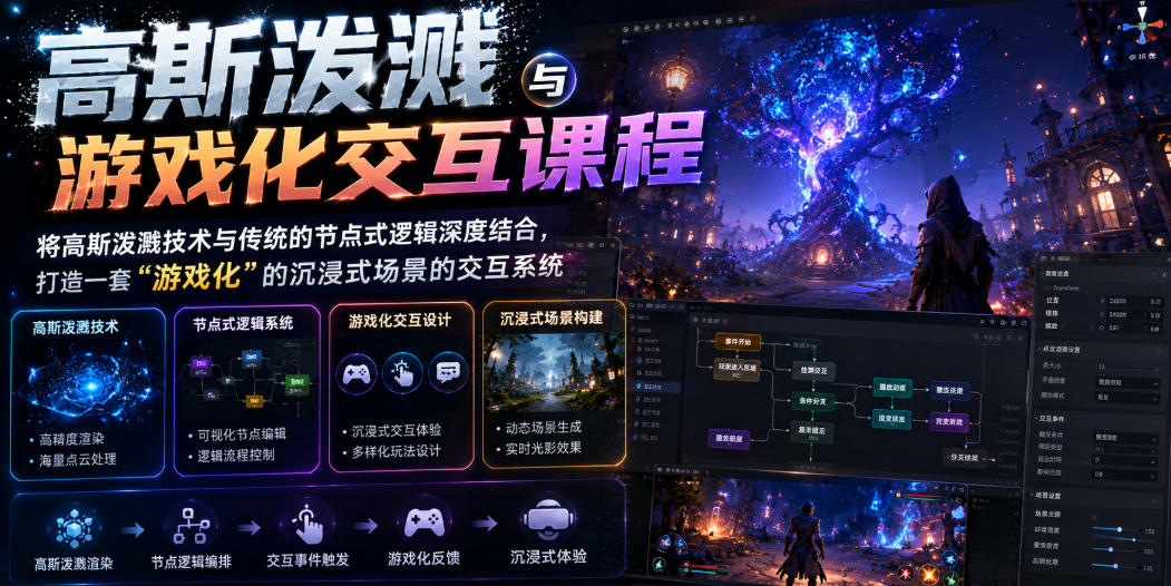 高斯泼溅与游戏化交互课程，将高斯泼溅技术与传统的节点式逻辑深度结合，打造一套“游戏化”的沉浸式场景的交互系统-百川聊项目
