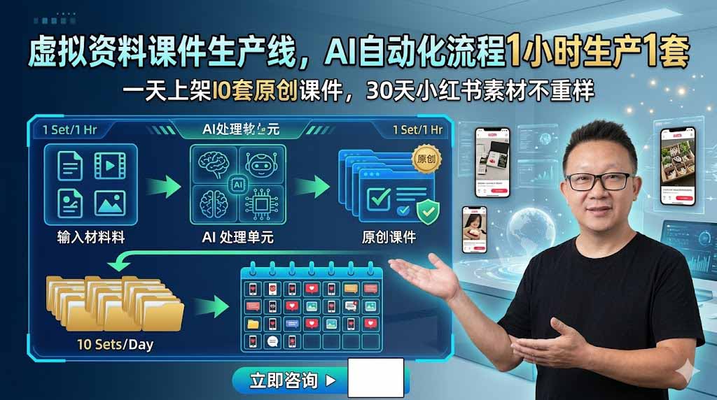 虚拟资料课件生产线，AI自动化流程1小时生产1套，一天上架10套原创课件，30天小红书素材不重样-百川聊项目