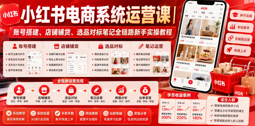 小红书电商系统运营课|账号搭建、店铺铺货、选品对标笔记全链路新手实操教程-百川聊项目