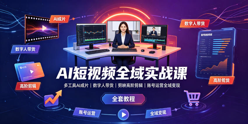 AI短视频全域实战课｜多工具AI成片、数字人带货、剪映高阶剪辑、账号运营全域变现全套教程-百川聊项目