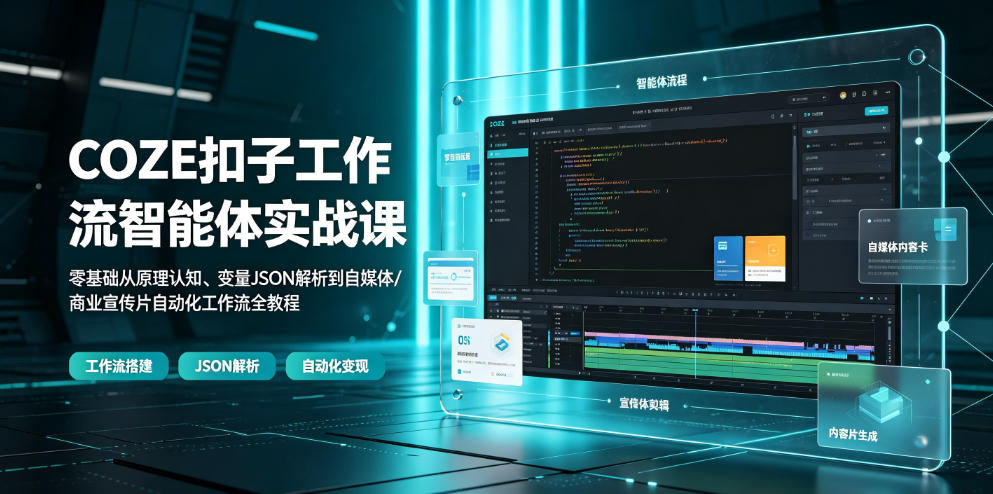 COZE扣子工作流智能体实战课｜零基础从原理认知、变量JSON解析到自媒体/商业宣传片自动化工作流全教程-百川聊项目