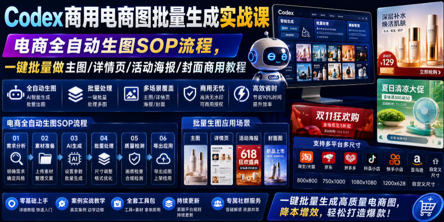 Codex商用电商图批量生成实战课｜电商全自动生图SOP流程，一键批量做主图/详情页/活动海报/封面商用教程-百川聊项目