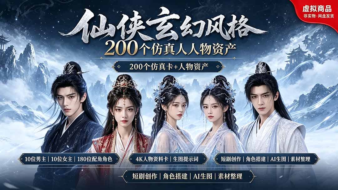 200个仙侠玄幻仿真人素材◆10男主×10女主×180配角，4K资料卡+AI生图提示词，漫剧必备-百川聊项目