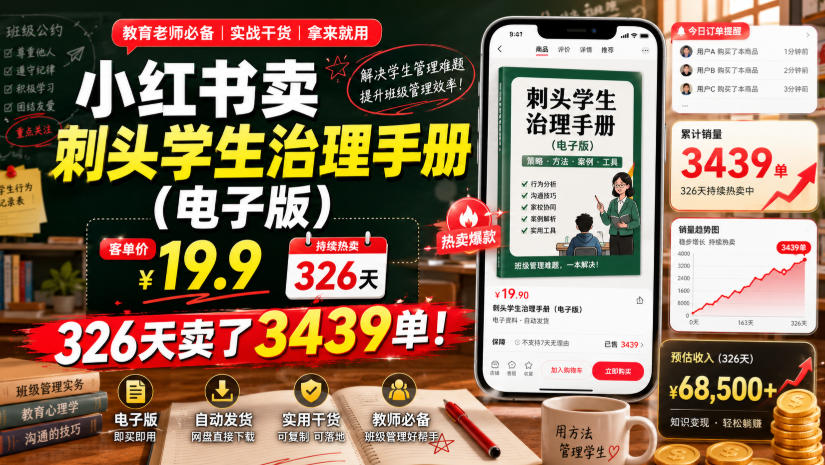小红书卖刺头学生治理手册(电子版)，客单价19.9，326天卖了3439单！-百川聊项目
