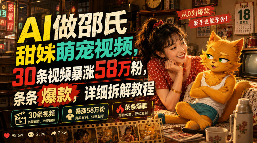 AI做邵氏甜妹萌宠视频，30条视频暴涨58万粉，条条爆款，详细拆解教程-百川聊项目