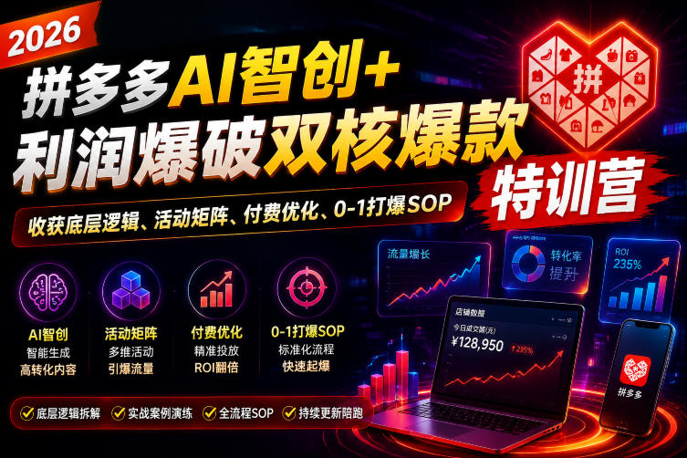 2026拼多多AI智创+利润爆破双核爆款特训营,收获底层逻辑、活动矩阵、付费优化、0-1打爆SOP-百川聊项目