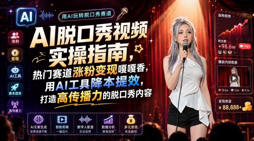 AI脱口秀视频实操指南,热门赛道涨粉变现嘎嘎香,用AI工具降本提效,打造高传播力的脱口秀内容-百川聊项目