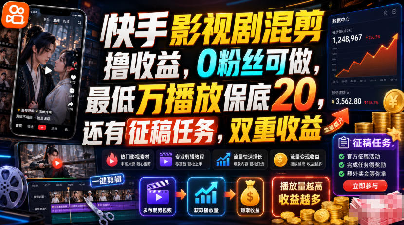 快手影视剧混剪撸收益，0粉丝可做，最低万播放保底20，还有征稿任务，双重收益-百川聊项目