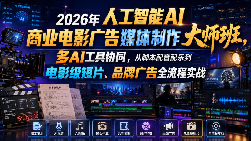 2026年人工智能AI商业电影广告媒体制作大师班，多AI工具协同，从脚本配音配乐到电影级短片、品牌广告全流程实战(中英字幕)-百川聊项目