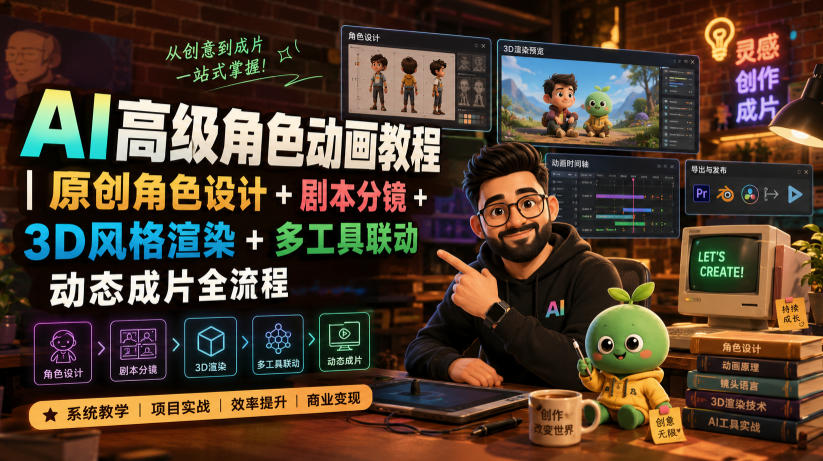AI高级角色动画教程|原创角色设计+剧本分镜+3D风格渲染+多工具联动动态成片全流程【中英字幕】-百川聊项目