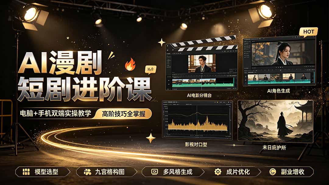 AI漫剧短剧进阶课|电脑+手机双端实操教学|影视剧对口型人物吃瓜×解压末日庇护所全程讲解,高阶技巧全掌握-百川聊项目