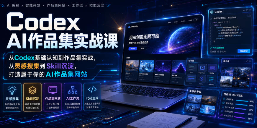 Codex AI作品集实战课,从Codex基础认知到作品集实战,从灵感搜集到Skill沉淀,打造属于你的AI作品集网站-百川聊项目