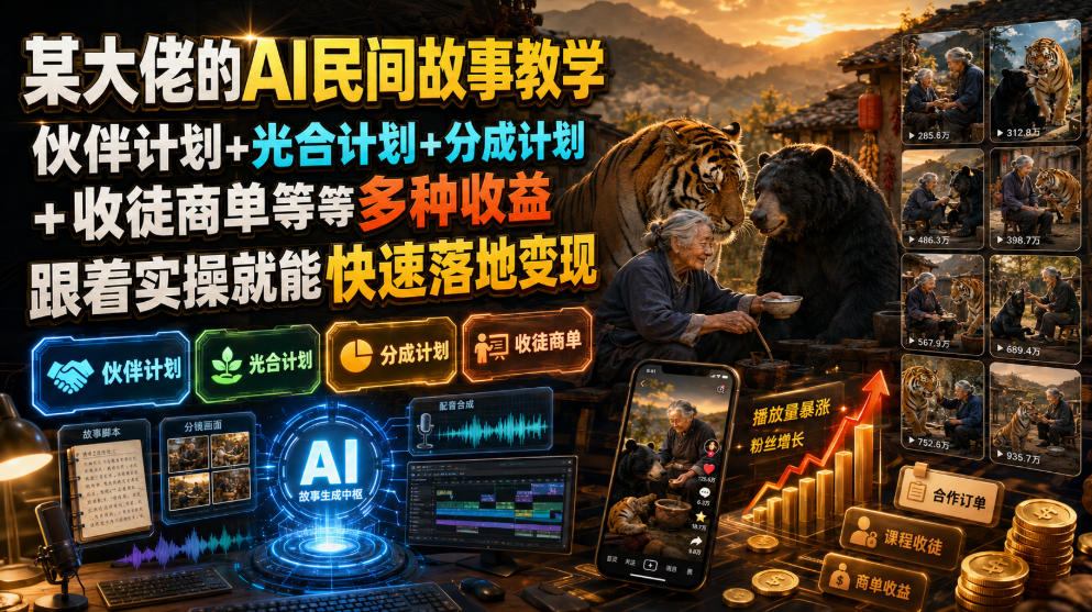 某大佬的AI民间故事教学，伙伴计划+光合计划+分成计划+收徒商单等多种收益，跟着实操就能快速落地变现-百川聊项目