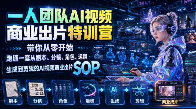 一人团队AI视频商业出片实战课:带你从零开始跑通一套从剧本、分镜、角色、运镜、生成到剪辑的AI视频商业出片SOP-百川聊项目